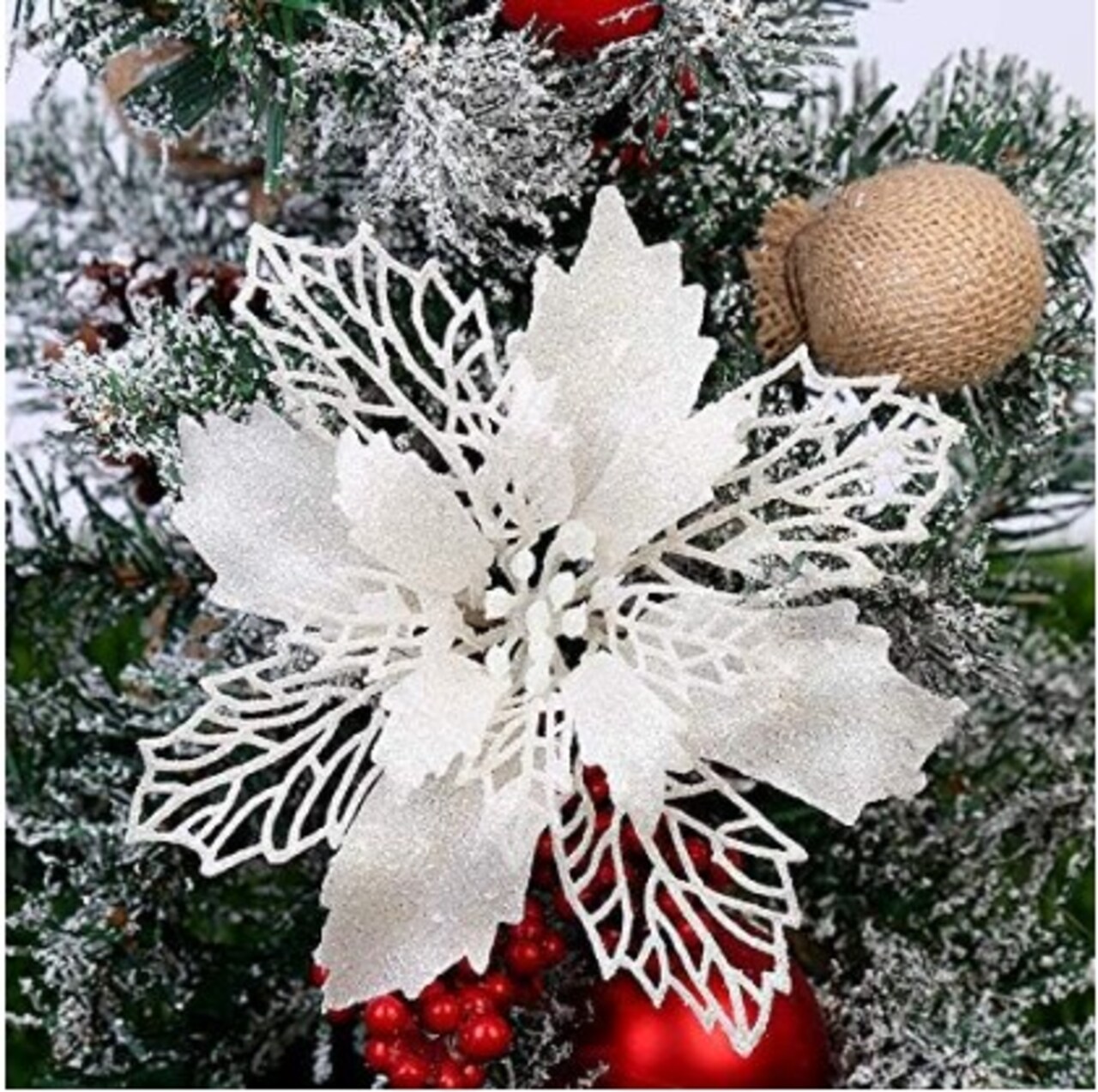 12 Glitter Poinsettia Flowers 6.3'' Artificial White Christmas Flowers Flowers for a Christmas Tree 12 Green Flower Stem Wreath Tree Ornaments